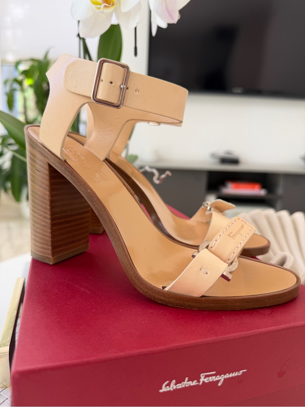 Salvatore Ferragamo Palba Butter Calf Leather Block Heel Sandals